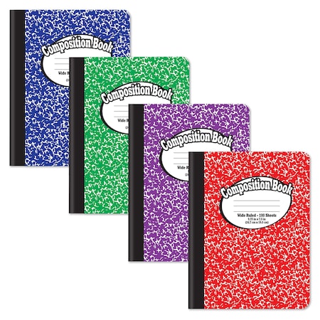 Composition Notebook, Wide Ruled, 100 Sheets, One Subject, 9.75in. X 7.5in. Asst'd Colors, 4PK